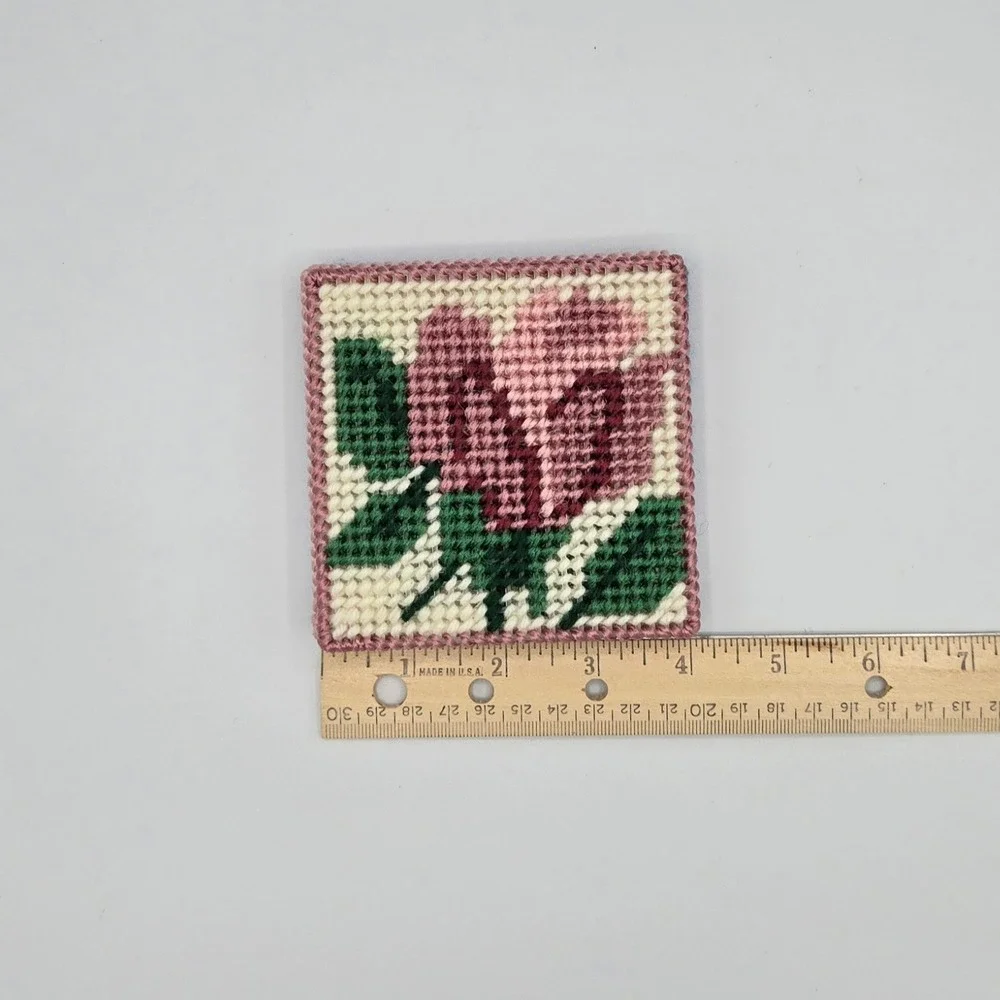 Vintage Handmade Needlepoint Coasters Floral Rose Blue Pink Lot of 3‎ Embroidery